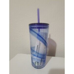 Starbucks Blue Swirl 18oz Glass Tumbler with Straw Rare Limited Edition Cup